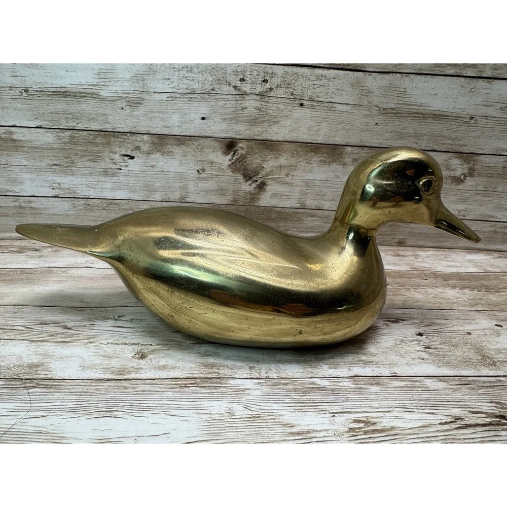 Vintage Solid Brass Duck Figurine Mid Century MCM Decorative - 10.5
